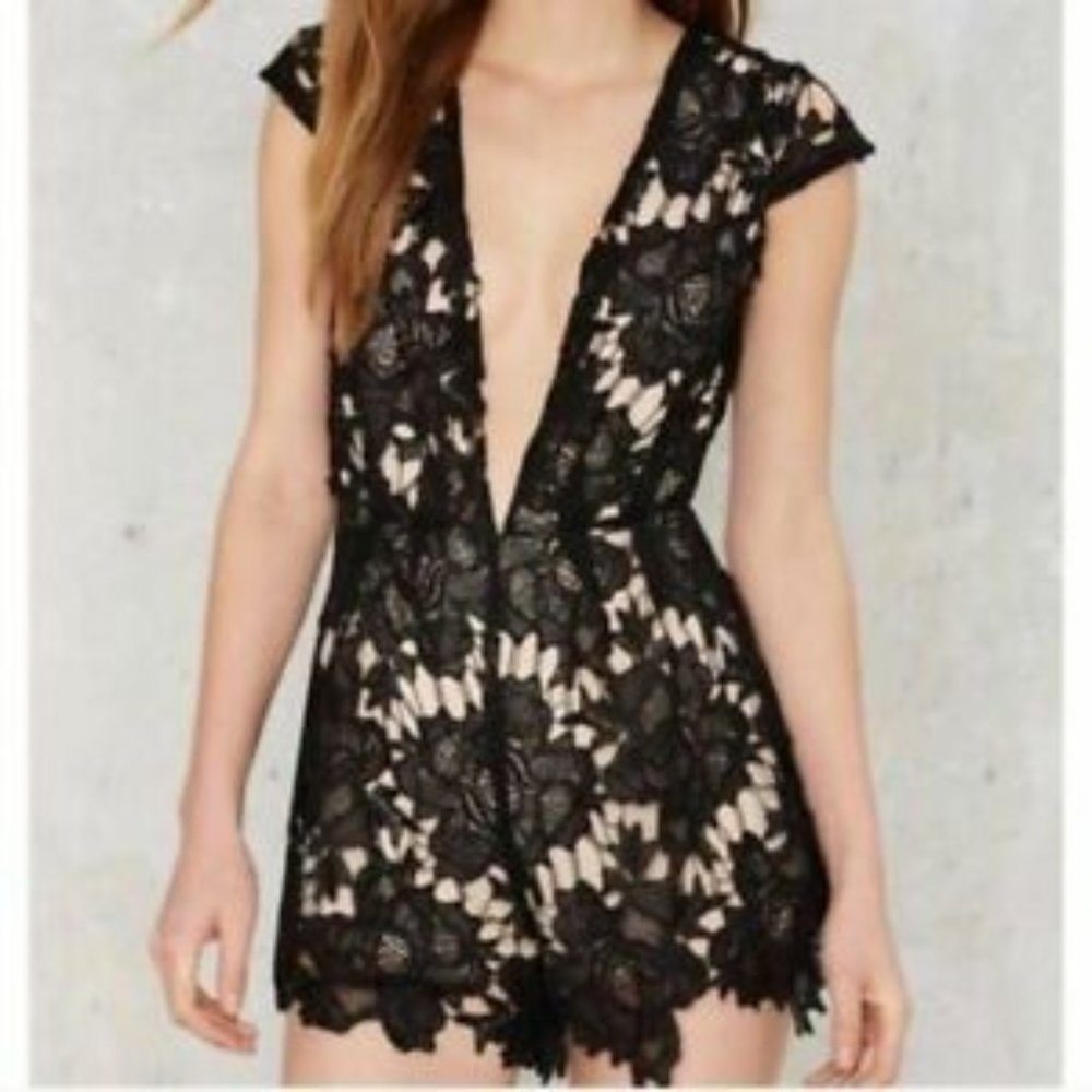 Black plunge neck lace romper